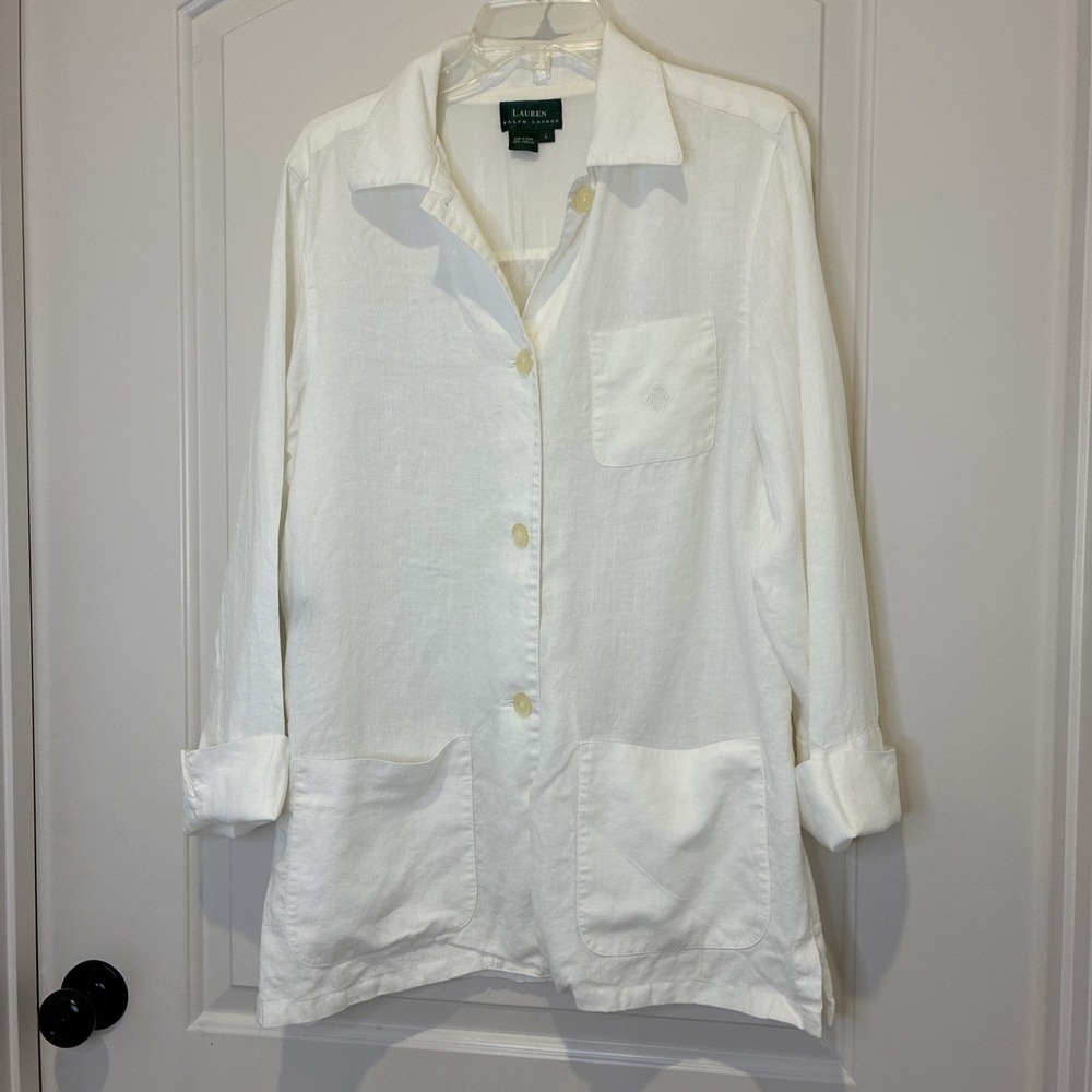Lauren Ralph Lauren White 100% Linen Button Up Shirt Jacket Womens Large L